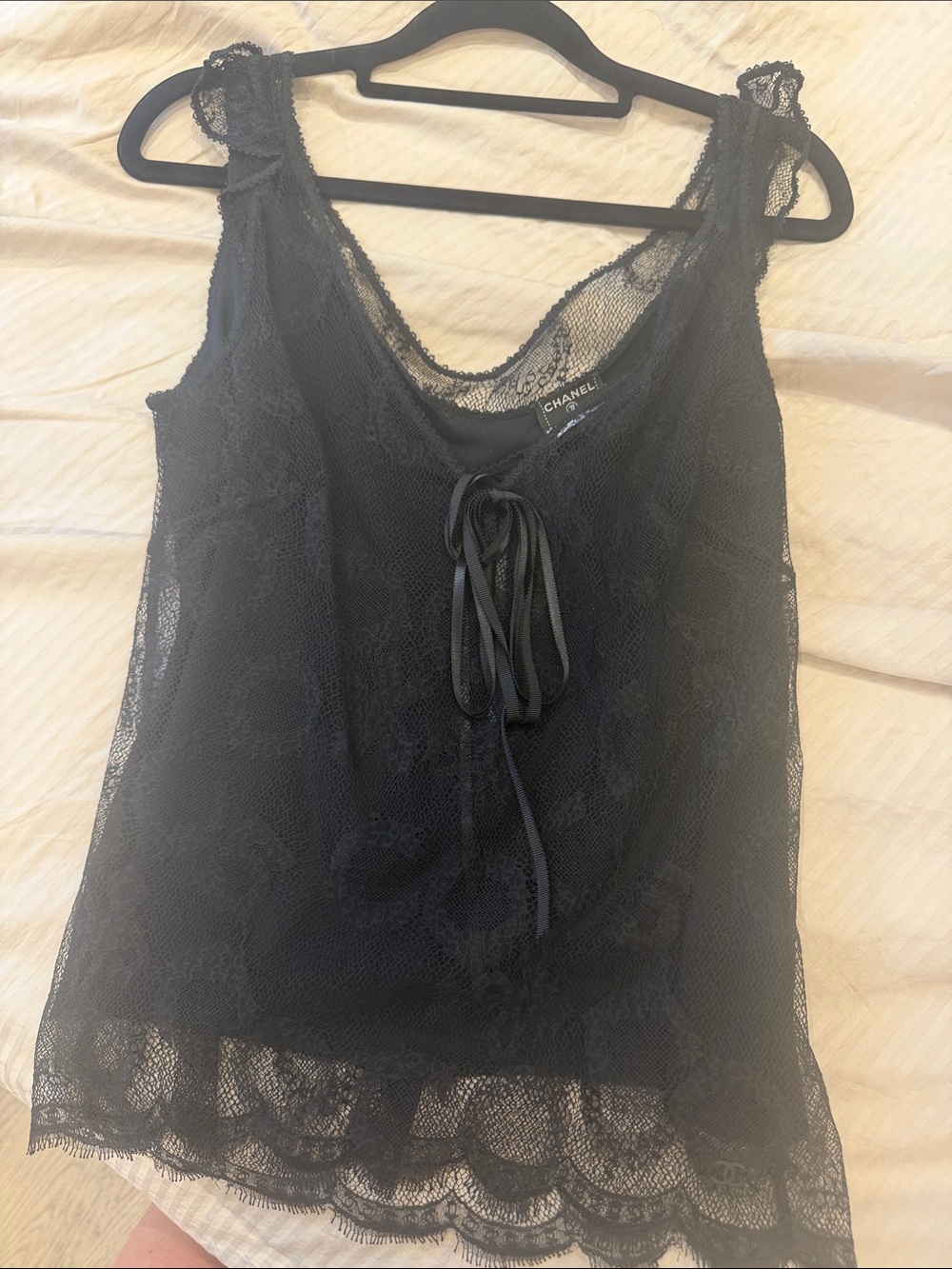 CHANEL Black Sheer Lace Tie-Front Tank